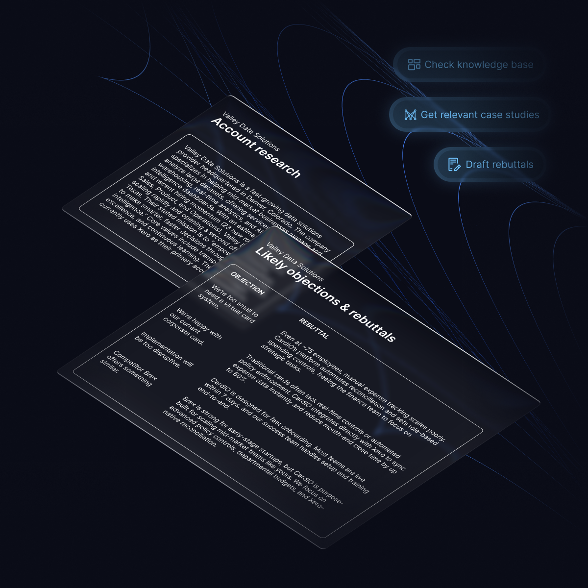 AI-powered account research showing prospect details, objections by size and industry, and rebuttals from case studies.