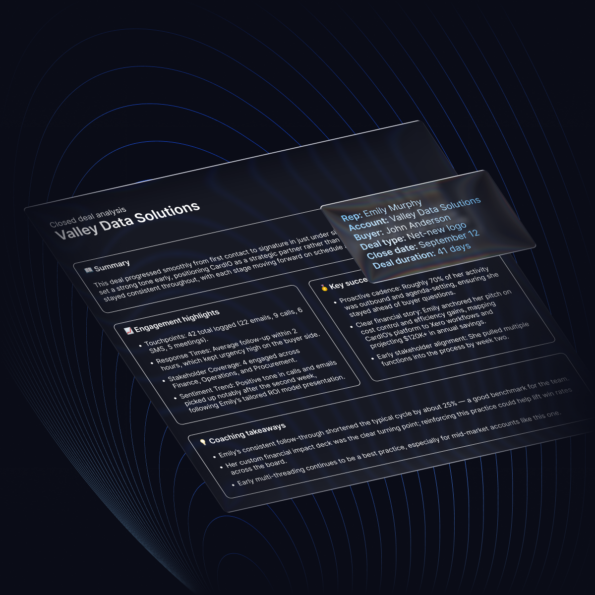 Sales dashboard showing closed deal analysis with engagement highlights, success factors, coaching notes, and rep account info.
