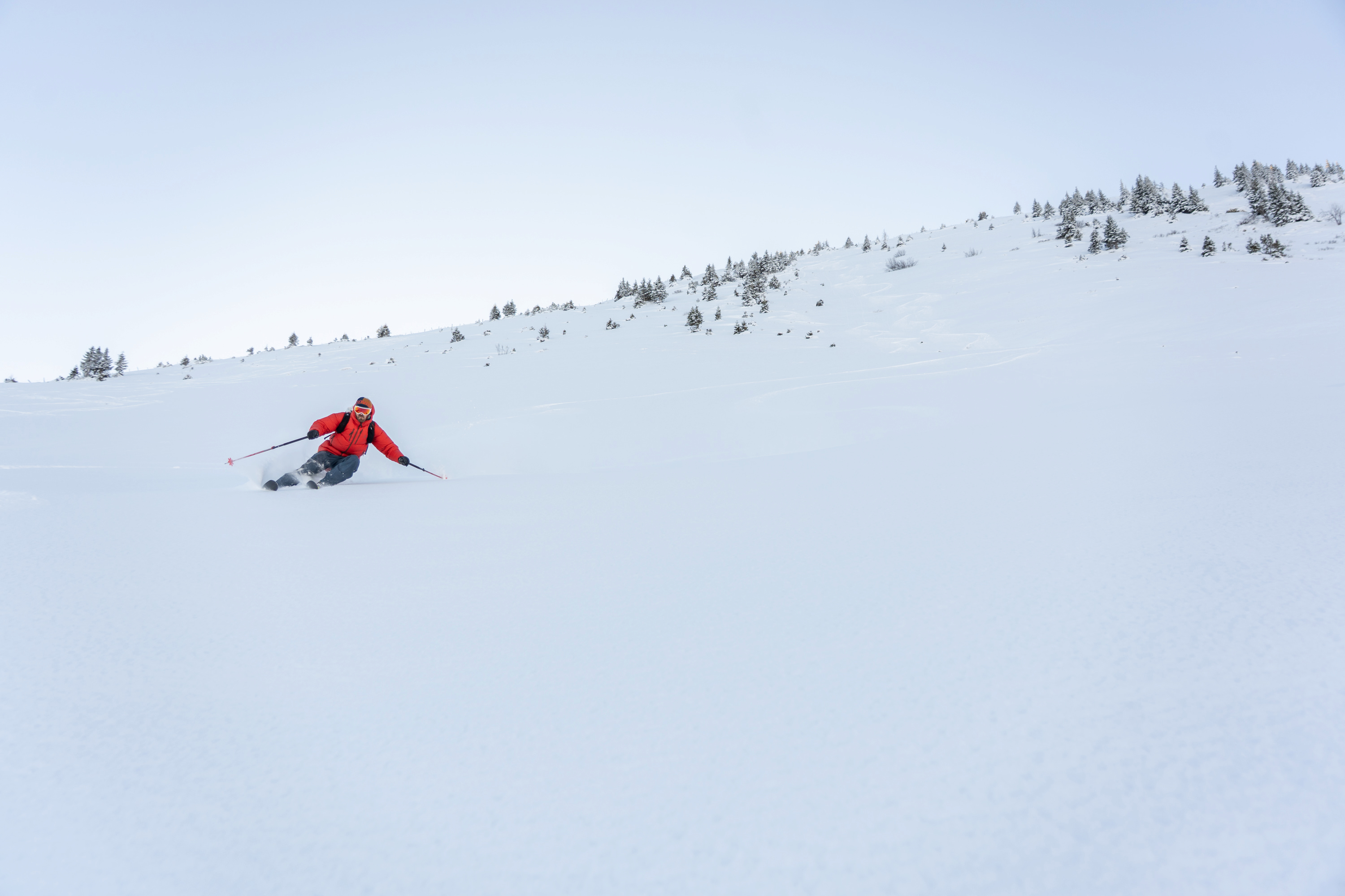 Skifahrer in roter Jacke fährt in tiefer Hocke eine verschneite Abfahrt hinunter, im Hintergrund vereinzelt Bäume auf dem Hang.