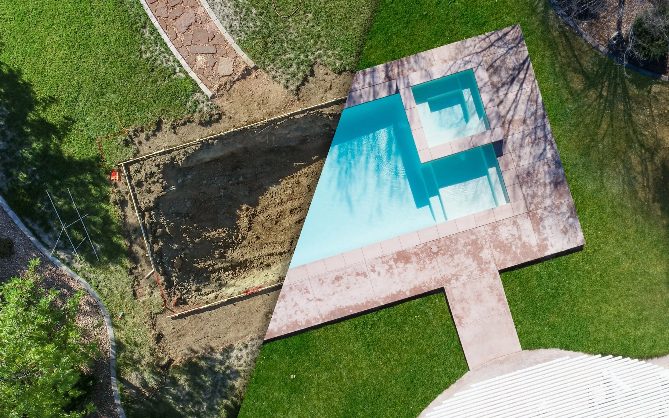 before and after image of a pool construction project