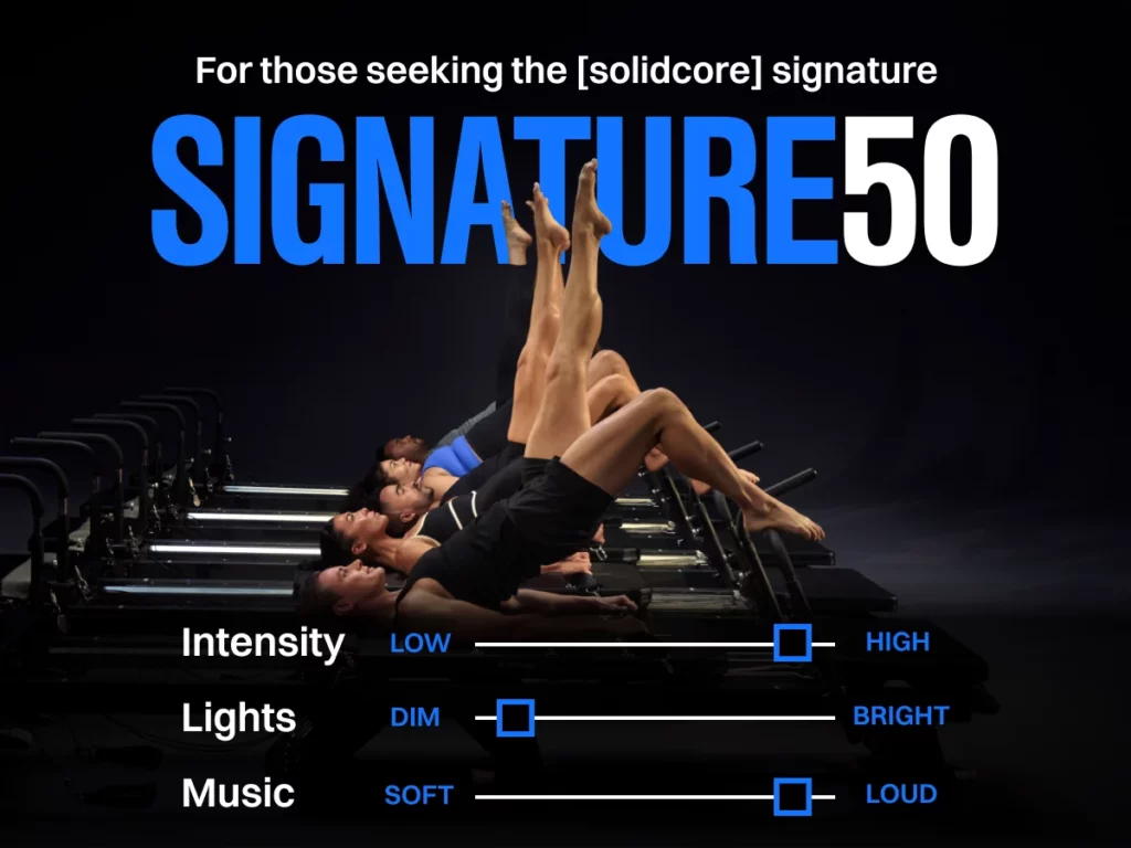 Signature50 class format: intensity 3 out of 3 (high), lights 1 out of 3 (dim), music 3 out of 3 (loud)