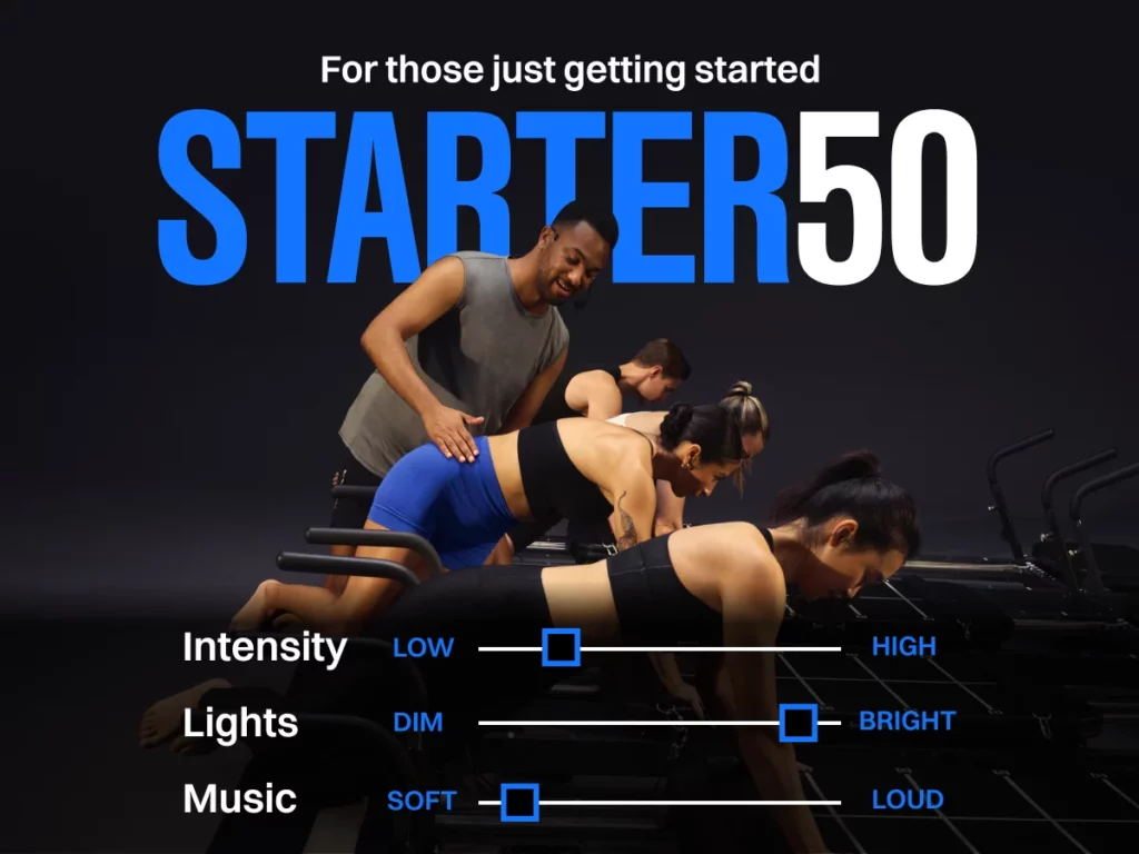 Starter50 class format: intensity 1 out of 3 (low), lights 3 out of 3 (bright), music 1 out of 3 (soft)