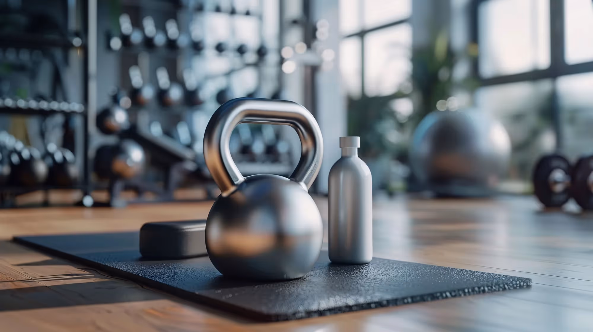 A gym with a weightlifting barbell and a water bottle.