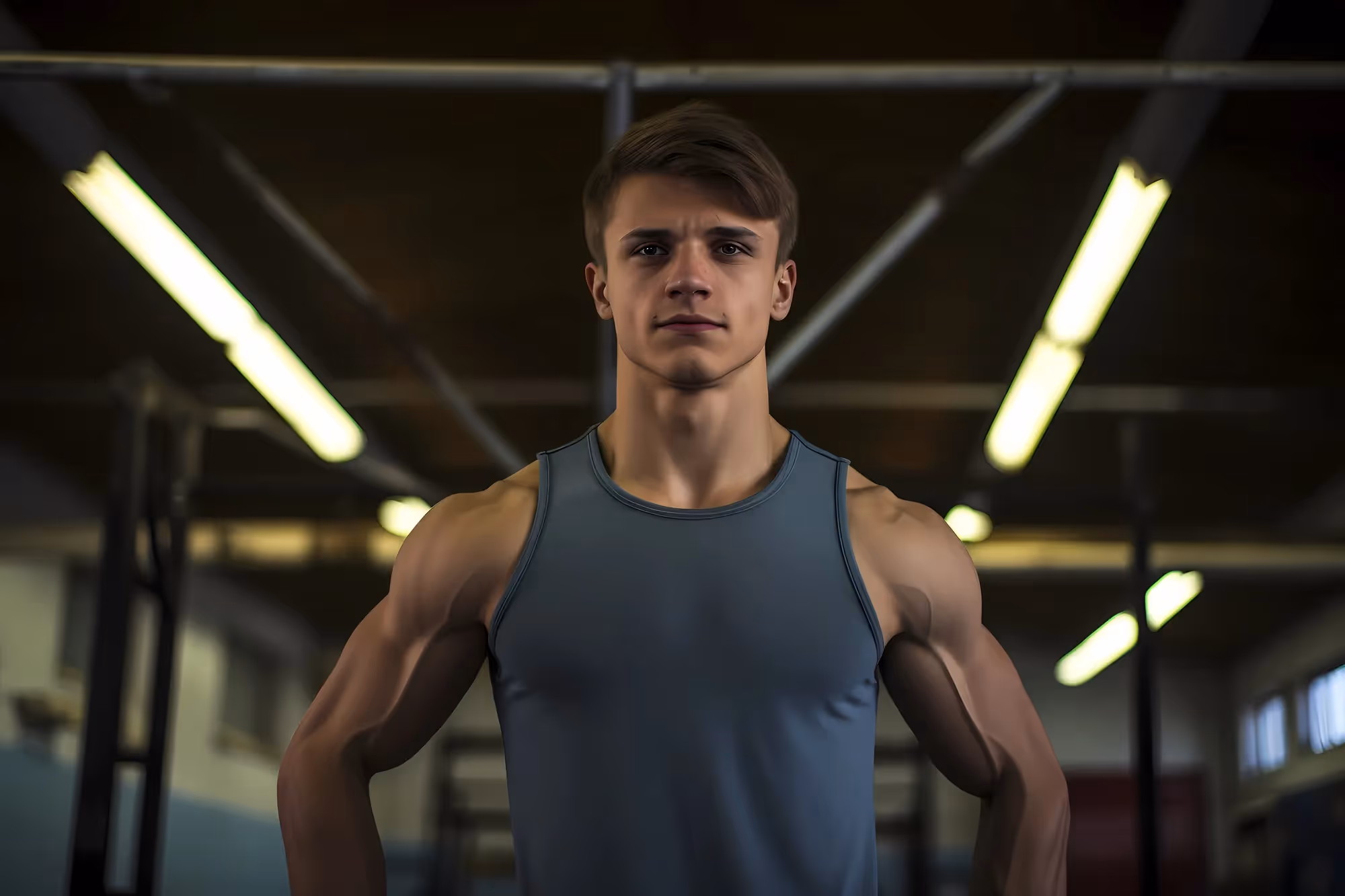 A man wearing a blue tank top stands in front of a gym.
