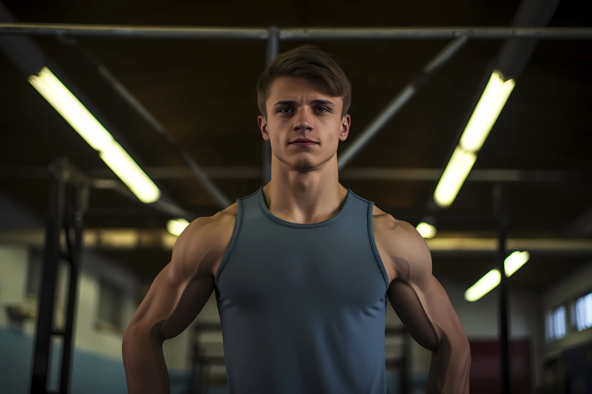 A man wearing a blue tank top stands in front of a gym.