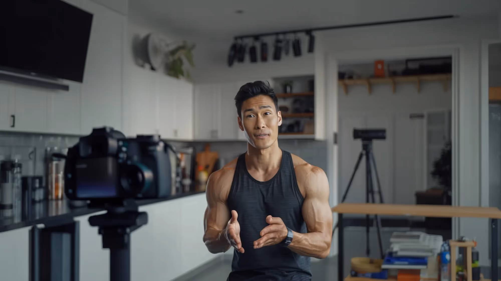 A man wearing a black tank top and gray tank top is standing in front of a camera.