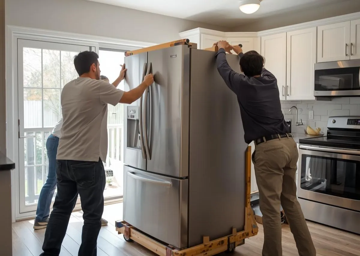 Movers using an appliance dolly to move a refrigerator