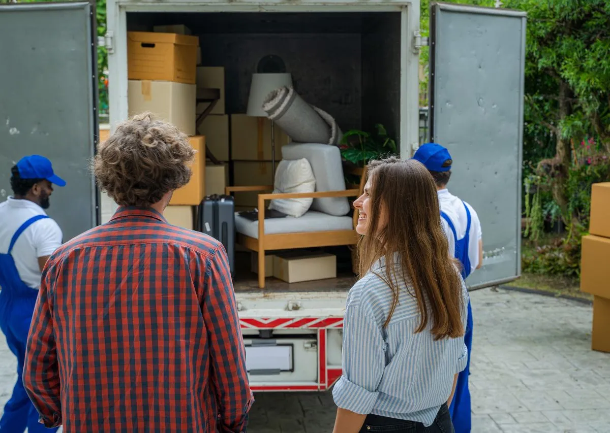 Packed moving boxes and furniture during a household move