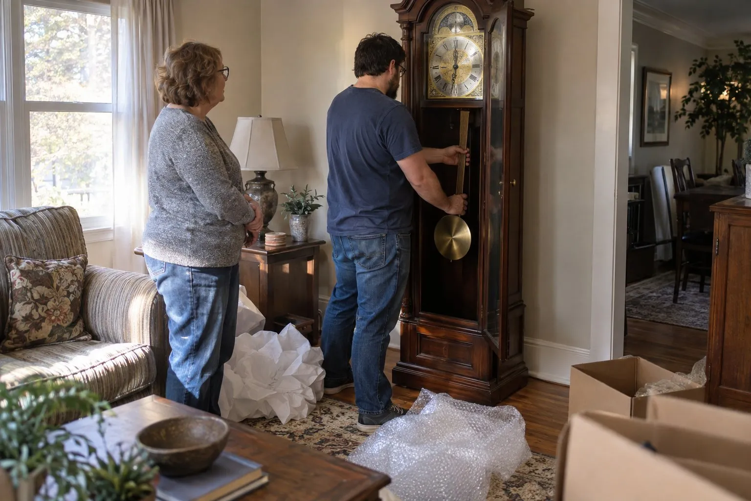 Man removing the pendulum from a grandfather clock as a woman watches