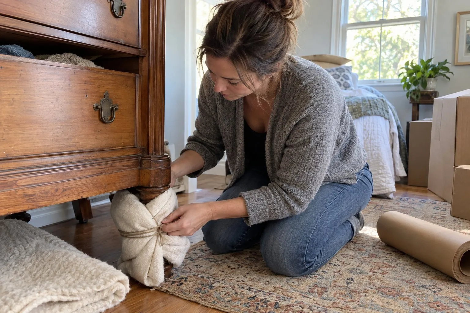 Woman kneeling to wrap the foot of a wooden dresser with a cloth pad