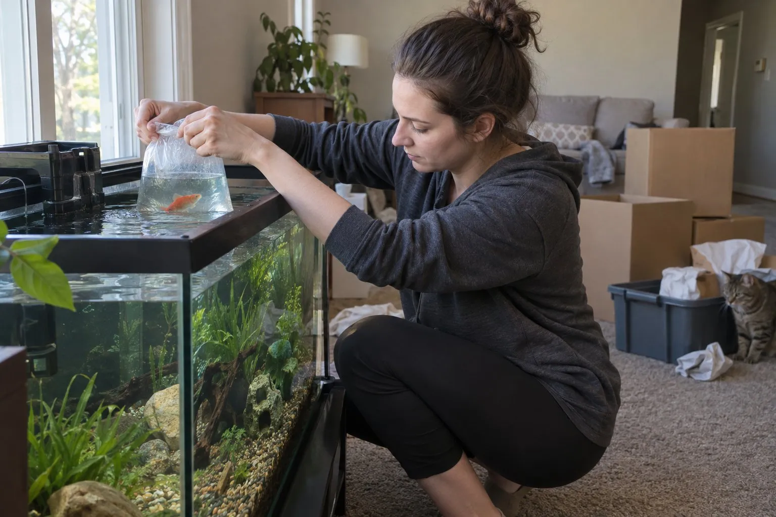 Woman lifting a goldfish in a water-filled bag out of a home aquarium