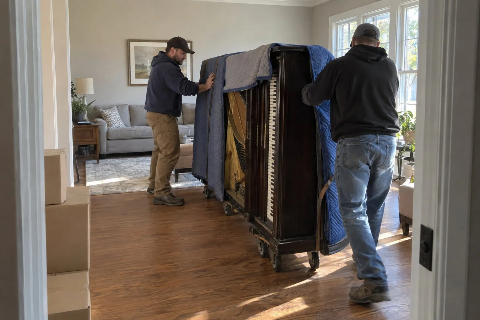 Two movers rolling an upright piano covered in moving blankets across a living room