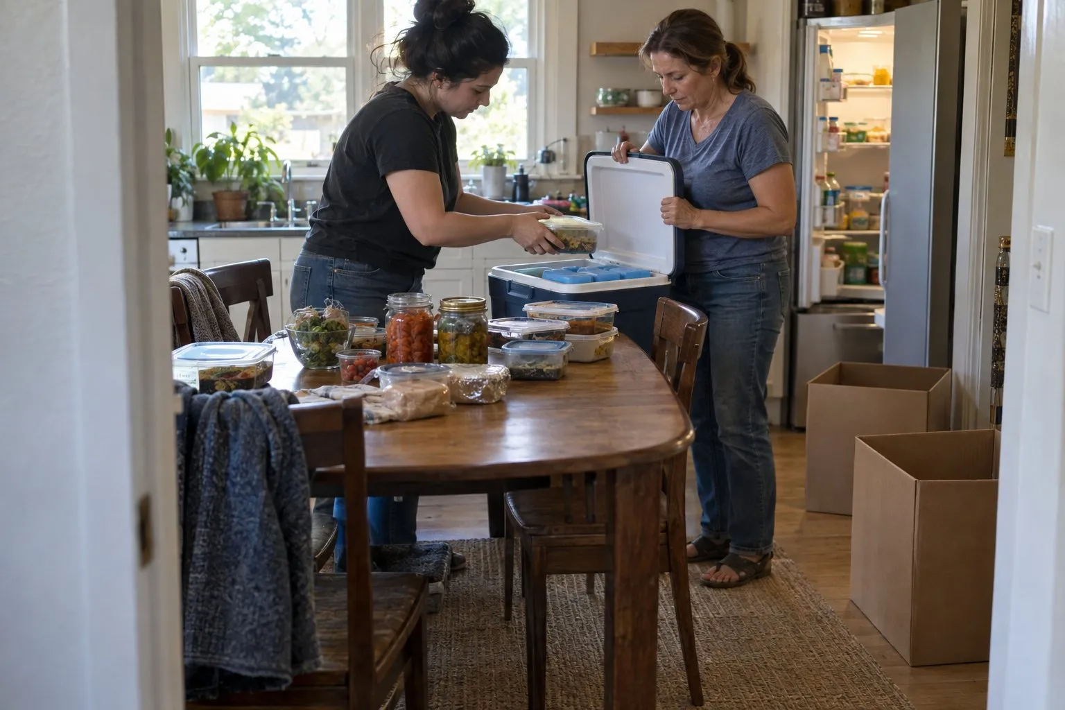 Two women packing food from the refrigerator into a cooler at a kitchen table