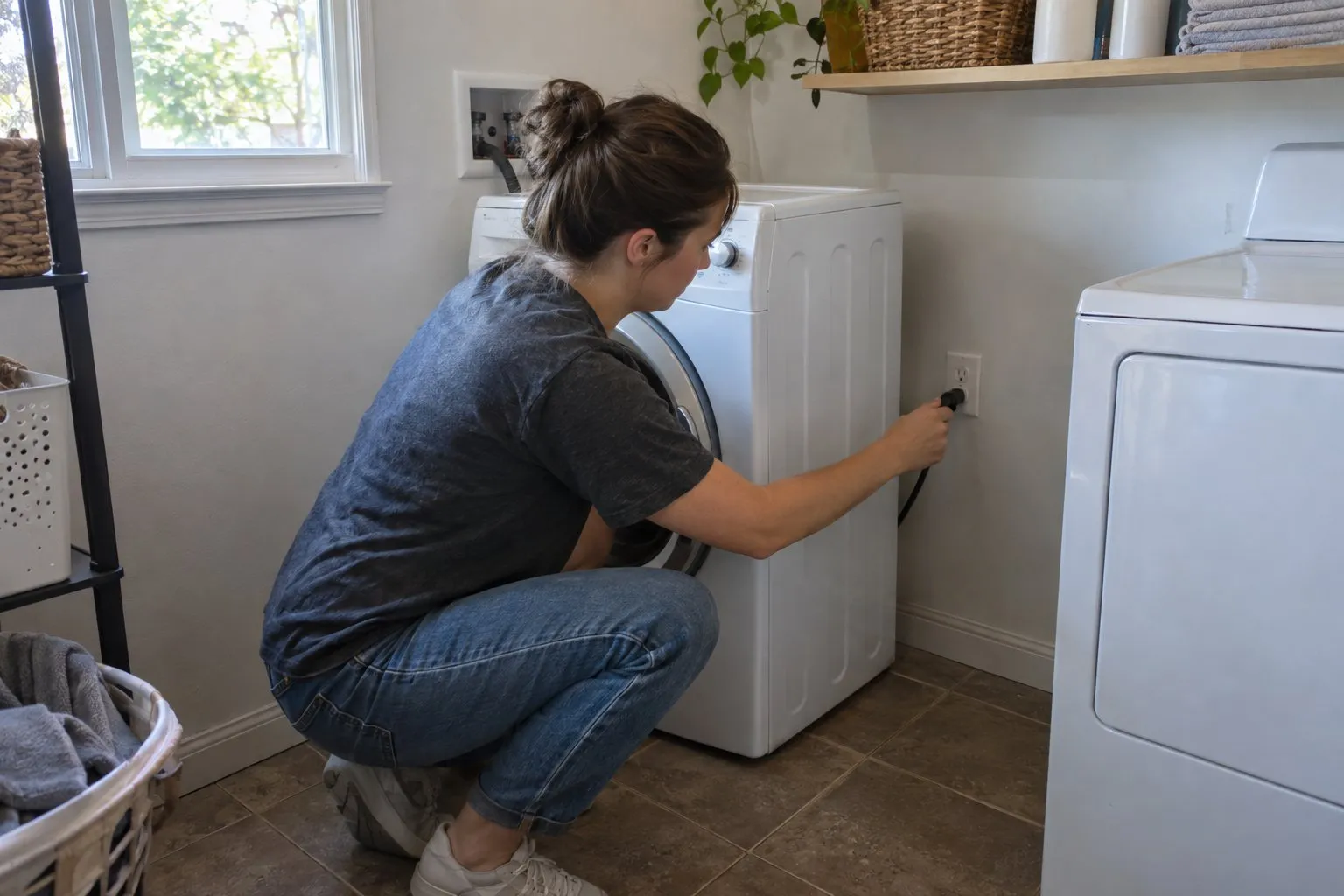 Woman crouching to unplug a front-load washing machine in a laundry room