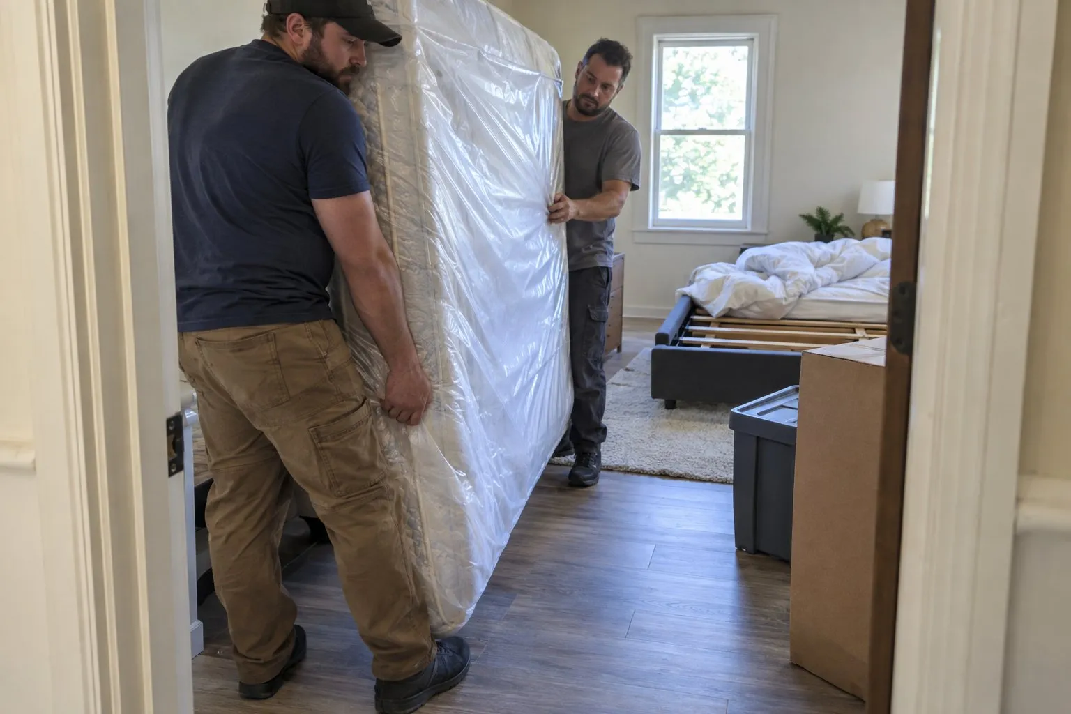 Two movers carrying a plastic-wrapped mattress out of a bedroom