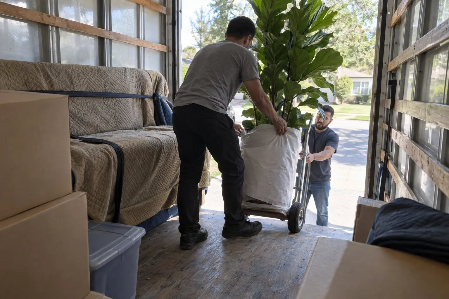 Movers using a hand truck to load a large potted plant into a moving truck