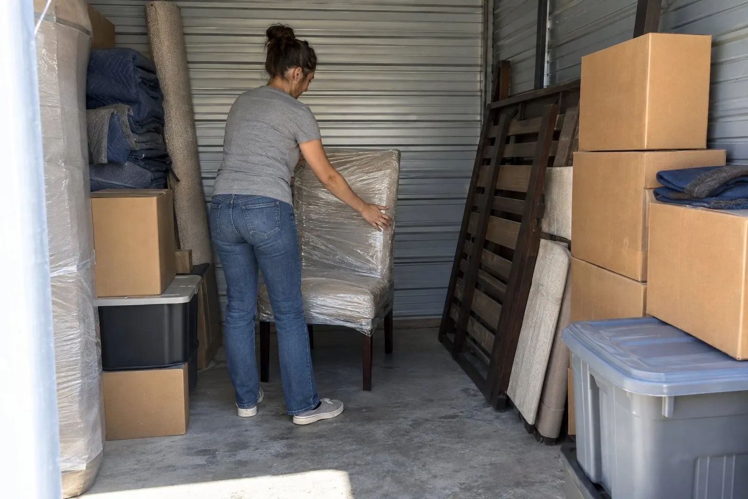 Woman arranging a plastic-wrapped chair inside a storage unit with boxes and bins