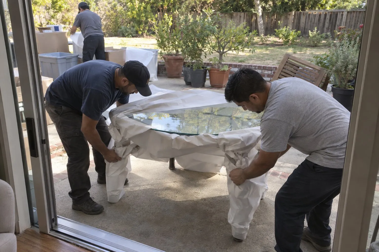 Two movers wrapping a glass-top patio table in protective covering on a backyard patio