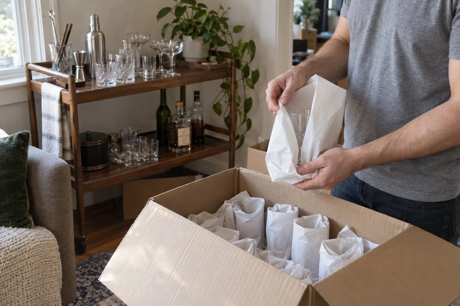 Man packing paper-wrapped glassware into a cardboard box beside a bar cart