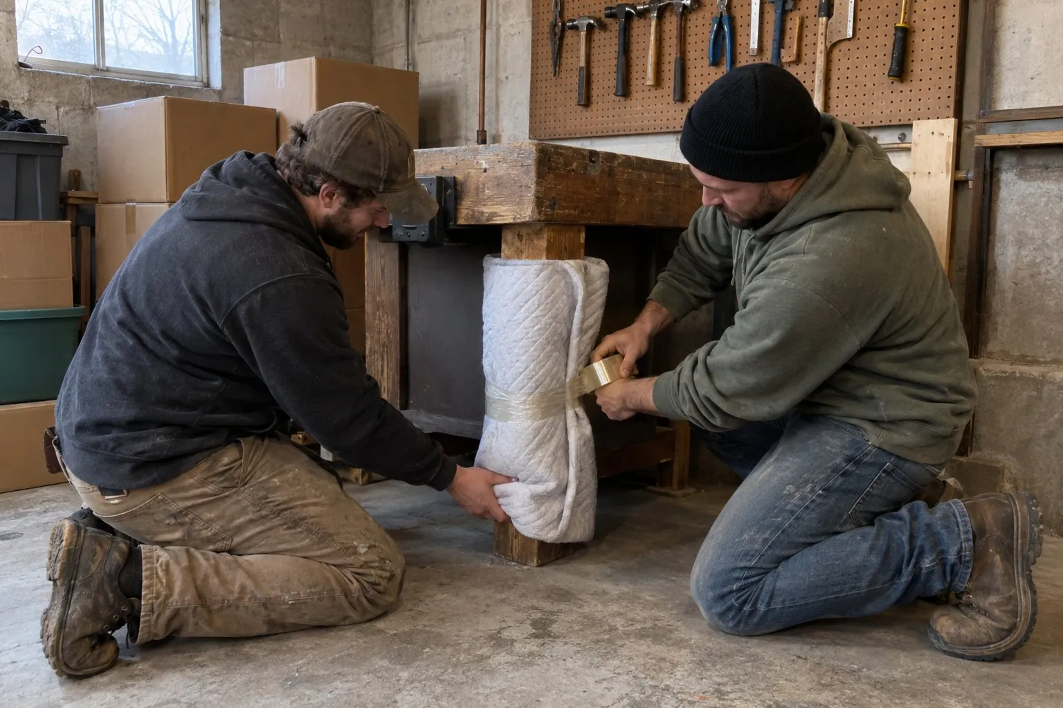 Two men wrapping the leg of a heavy wooden workbench with padding in a garage