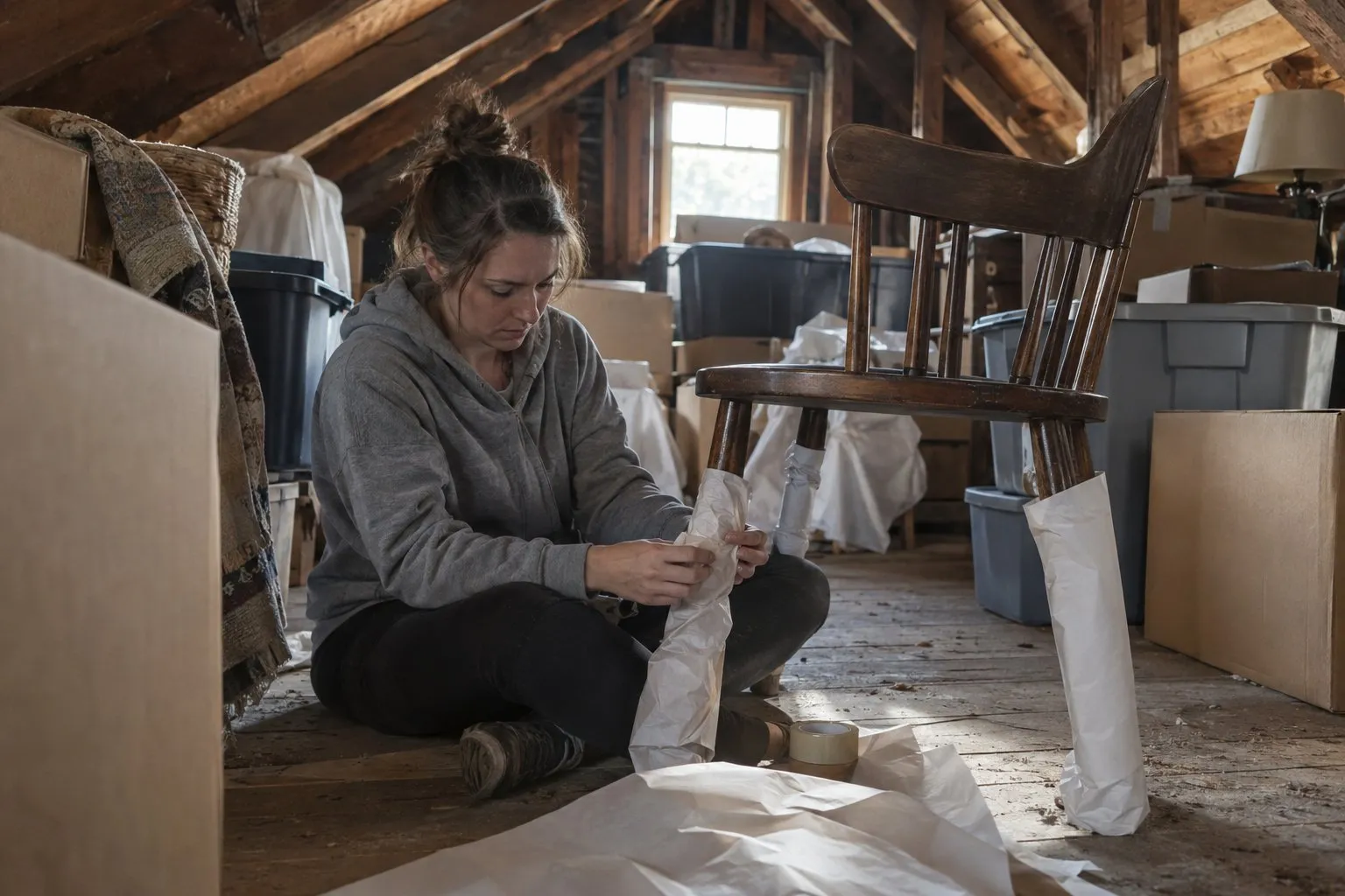 Woman sitting in an attic wrapping chair legs in packing paper among storage bins