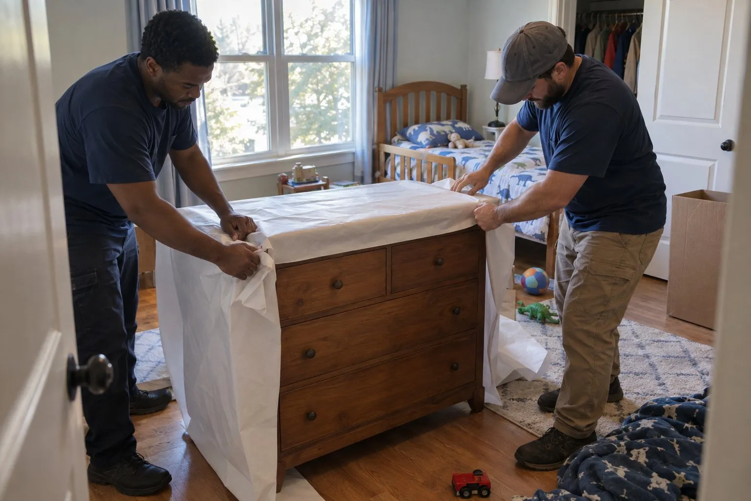 Two movers covering a wooden dresser with protective wrap in a child's bedroom