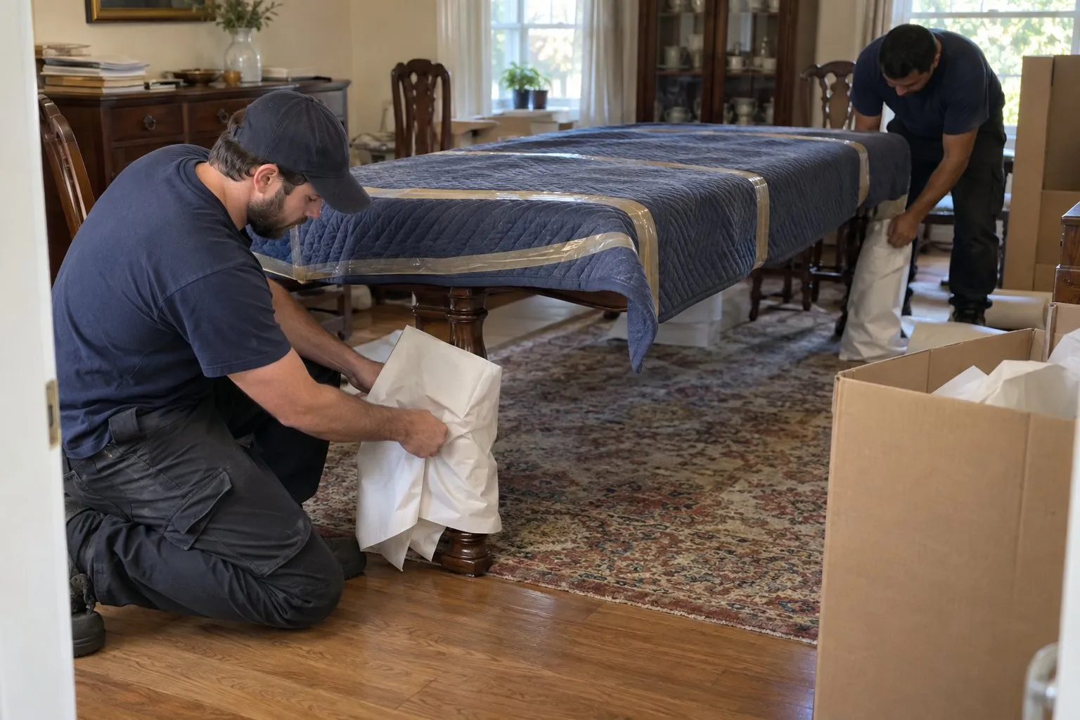 Two movers padding a dining table with a quilted blanket and wrapping its legs in paper