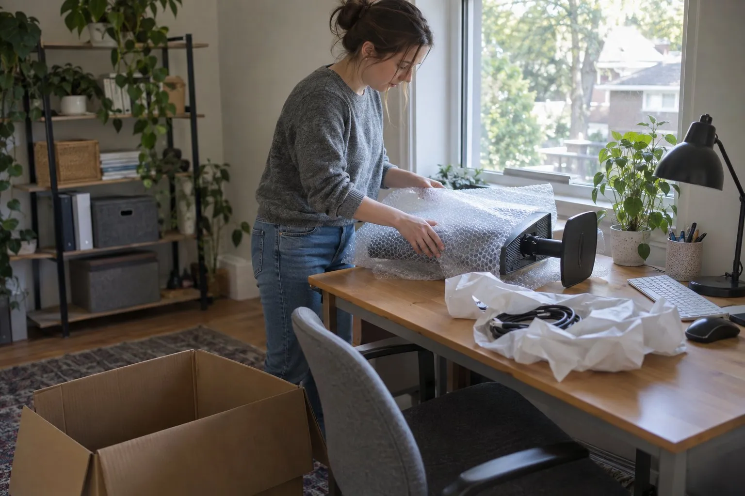 Woman wrapping computer equipment in bubble wrap on a desk beside an open moving box