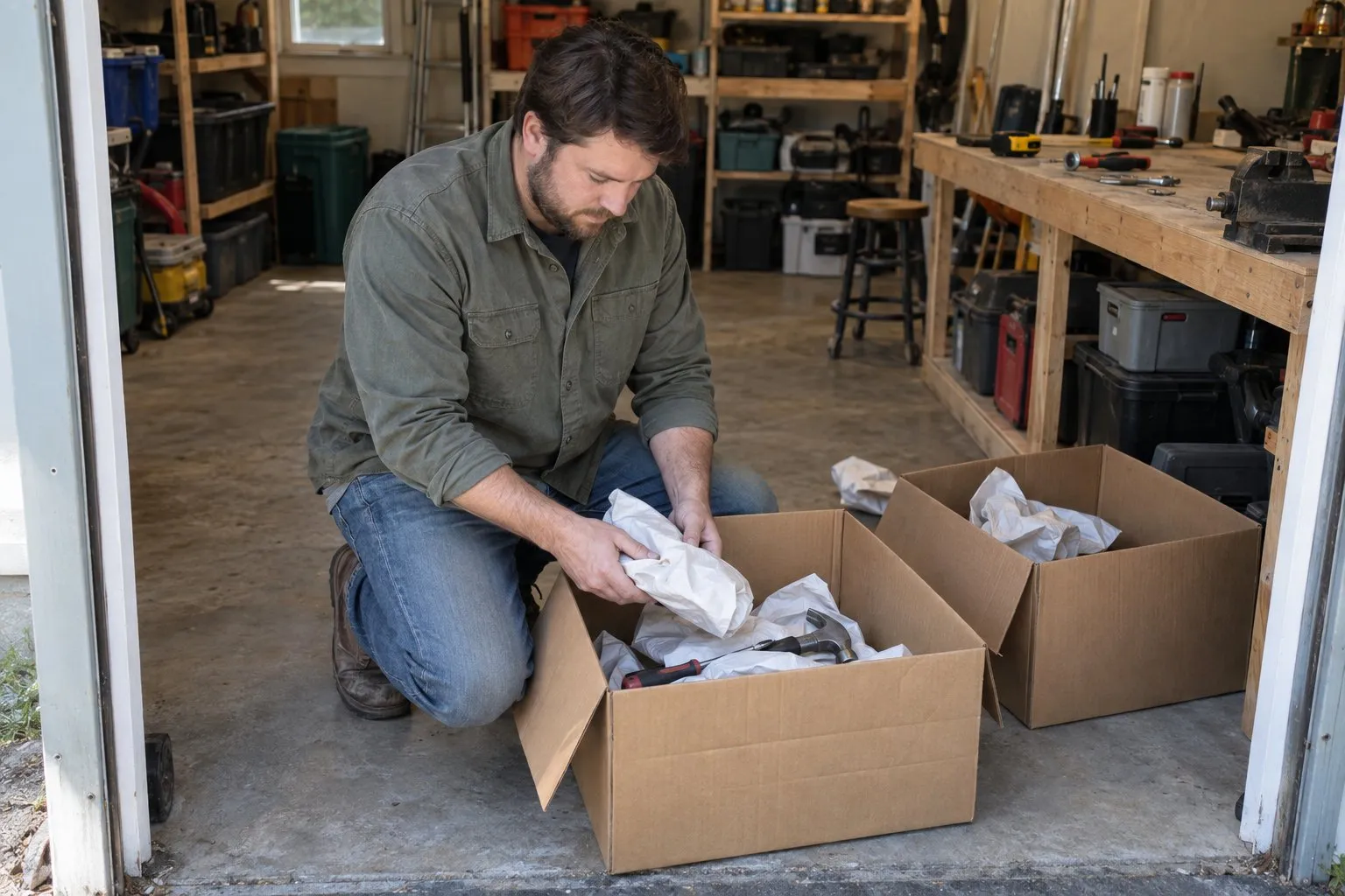 Man kneeling in a garage wrapping tools in packing paper and placing them in boxes