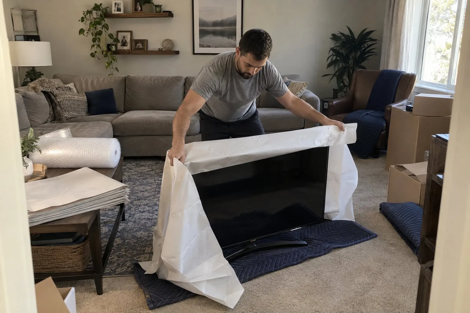 Man wrapping a flat-screen TV in protective paper on a moving blanket in a living room