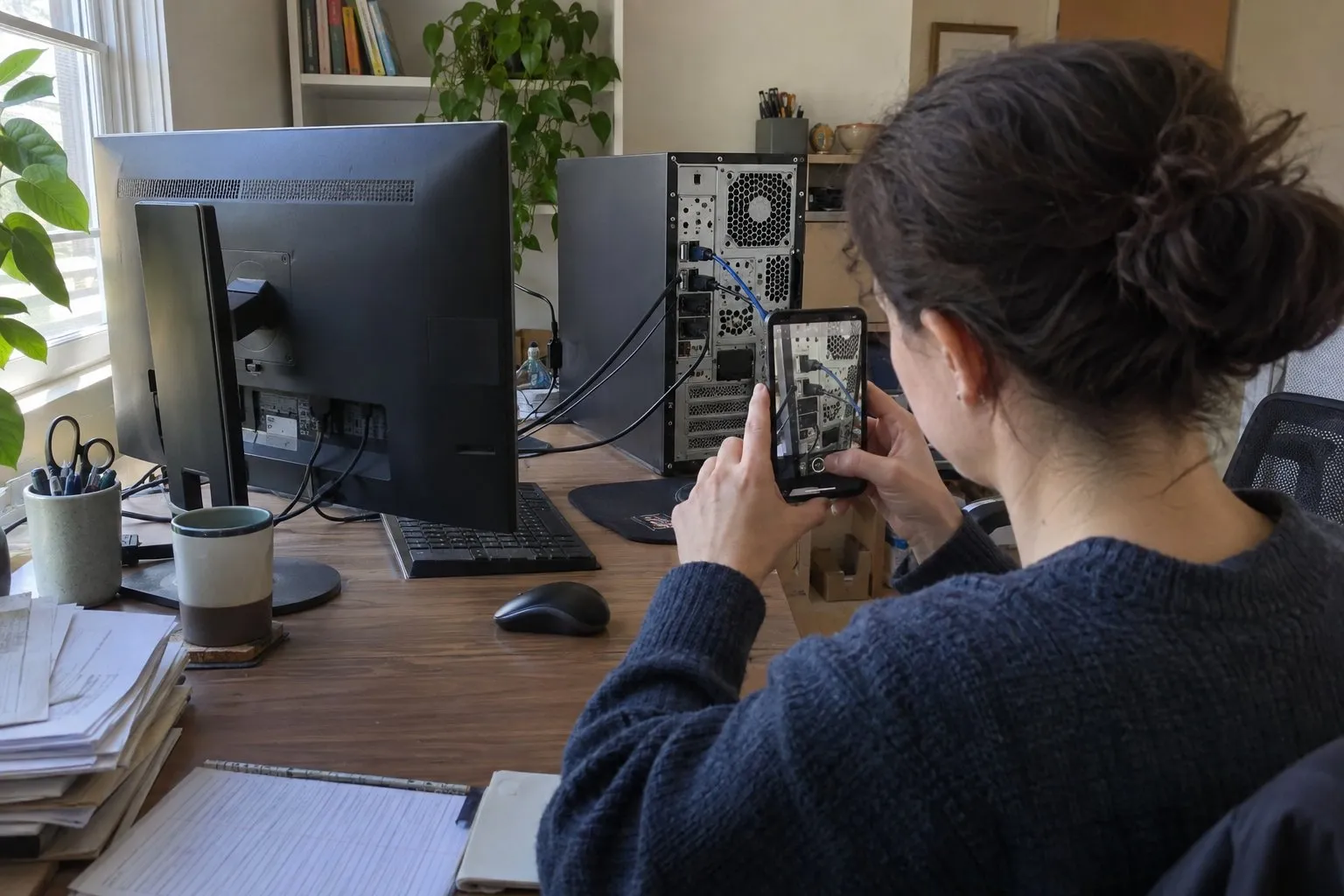 Woman photographing the cable connections on the back of a desktop computer with her phone