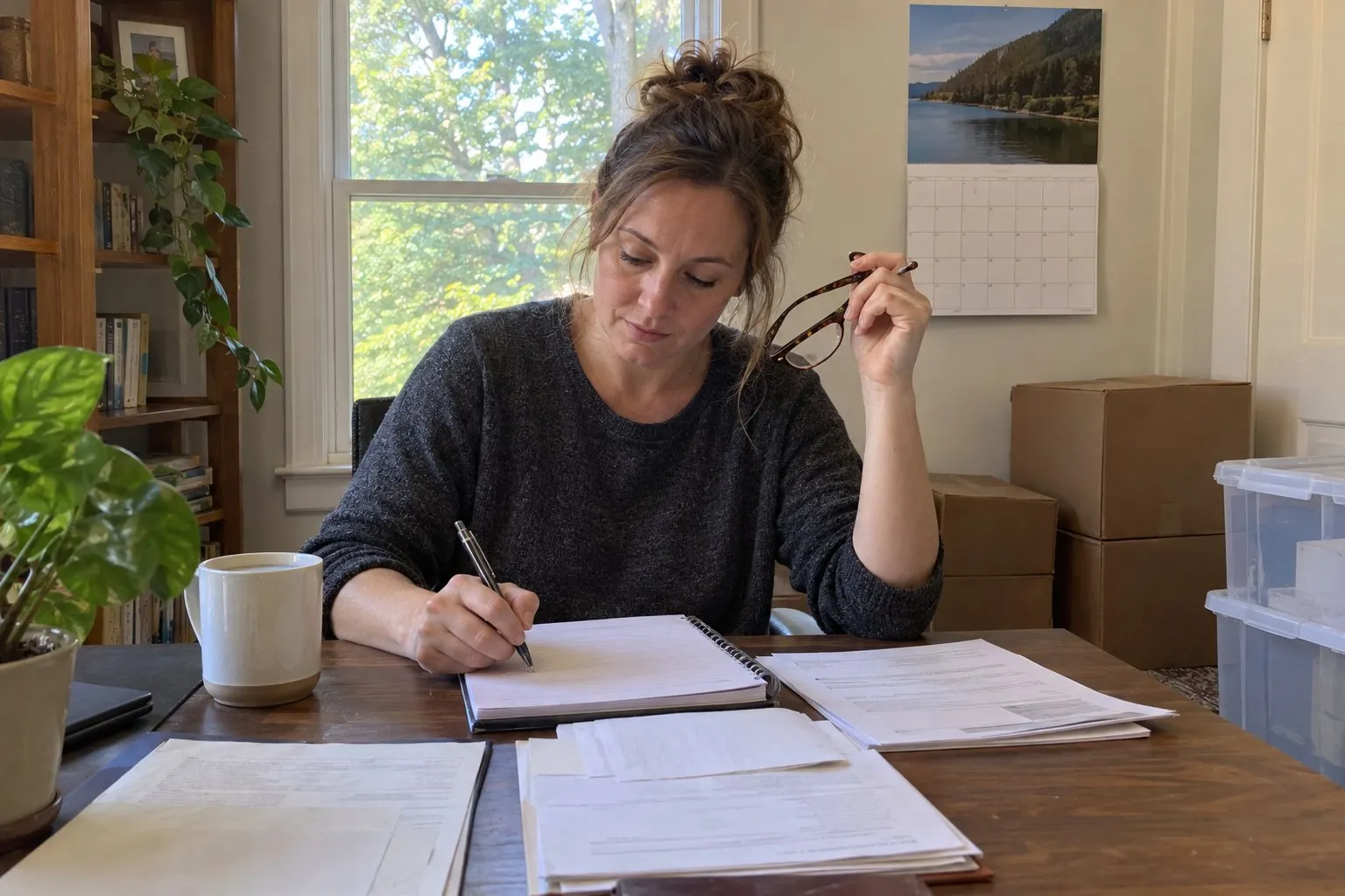 Woman holding glasses and writing in a notebook at a desk beside stacked moving boxes