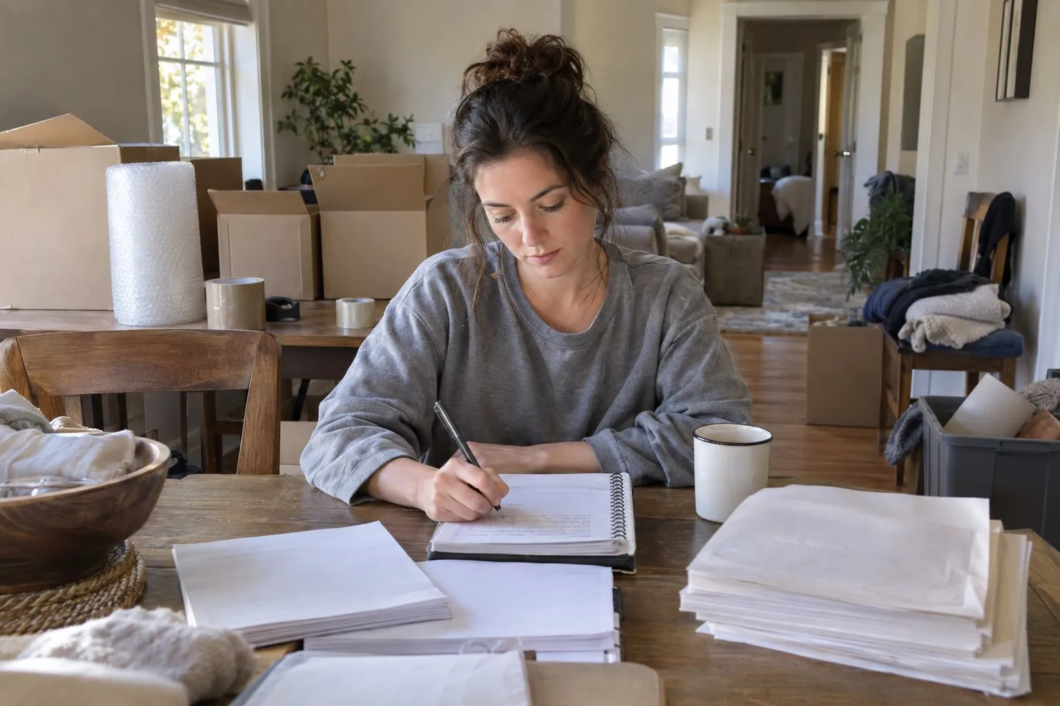 Woman writing in a notebook at a table surrounded by papers, bubble wrap and moving boxes