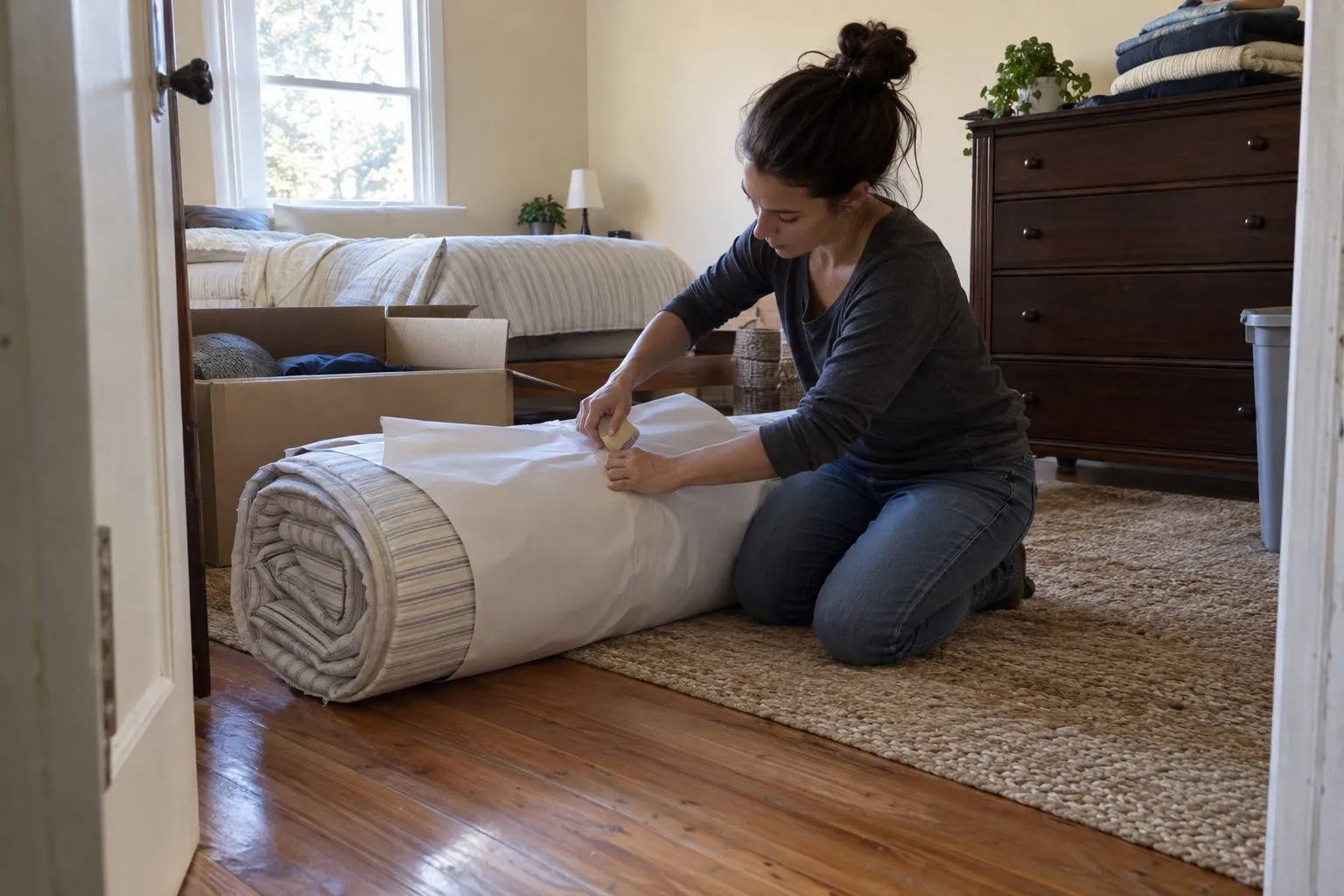 Woman kneeling to wrap a rolled rug in protective paper on a bedroom floor