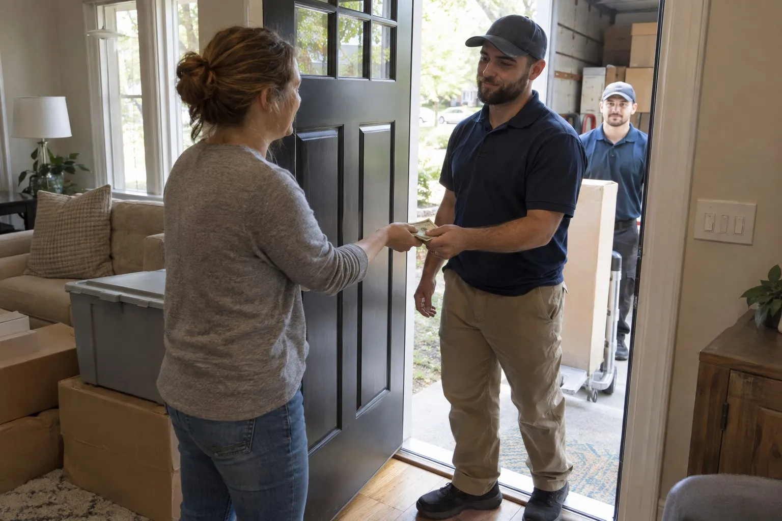 Woman handing cash to a mover at the front door while another mover waits outside