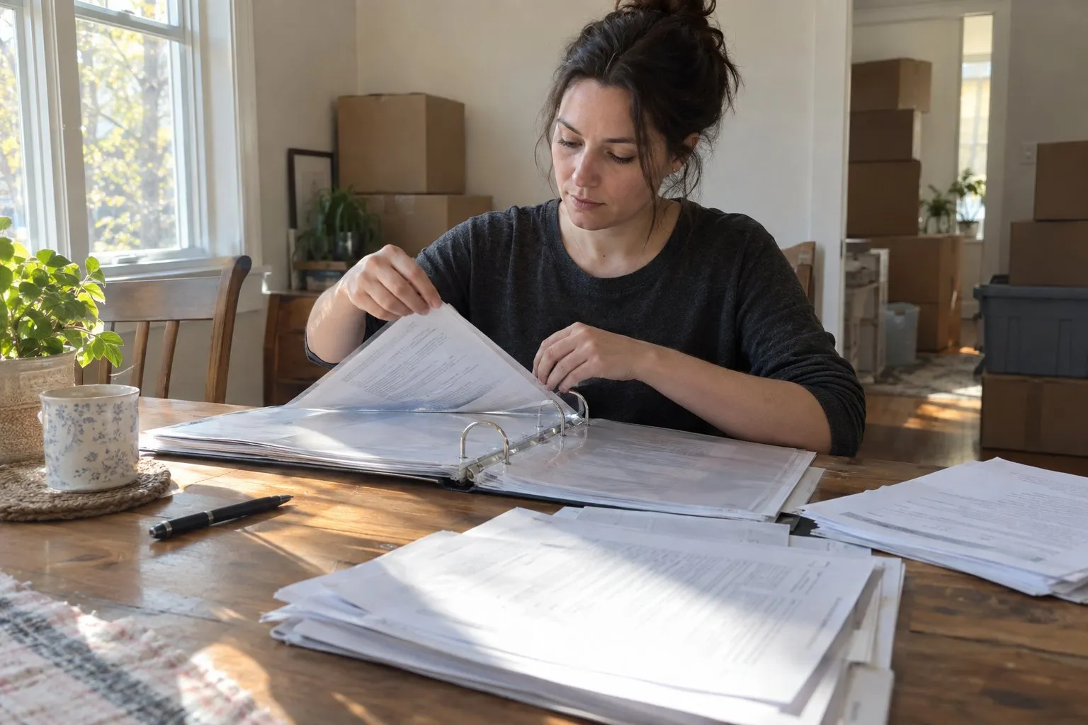 Woman reviewing papers in a binder at a dining table with moving boxes behind her
