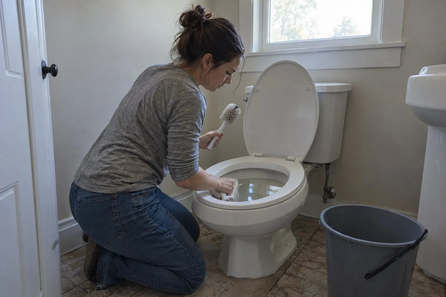 Woman kneeling to scrub a toilet bowl with a brush beside a gray bucket