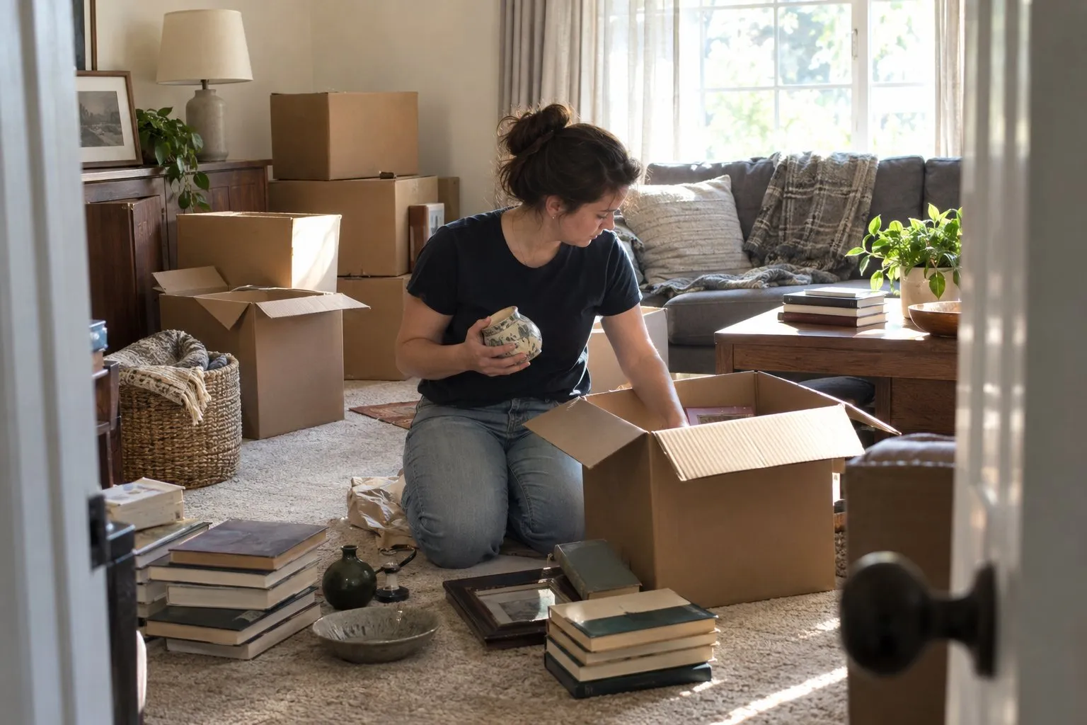 Woman kneeling in a living room packing books and decor into cardboard moving boxes
