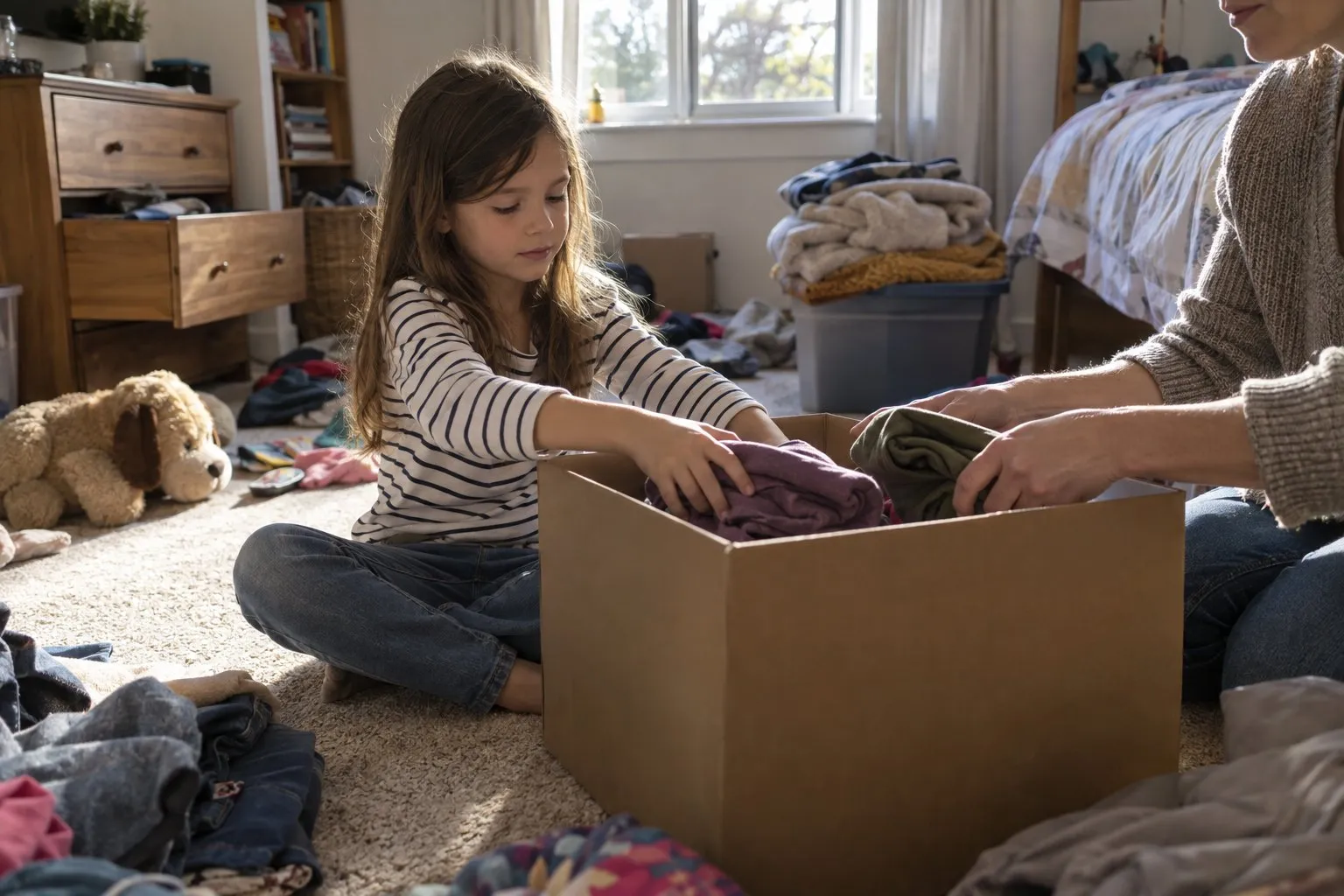 Young girl and adult packing folded clothes into a cardboard box on a bedroom floor