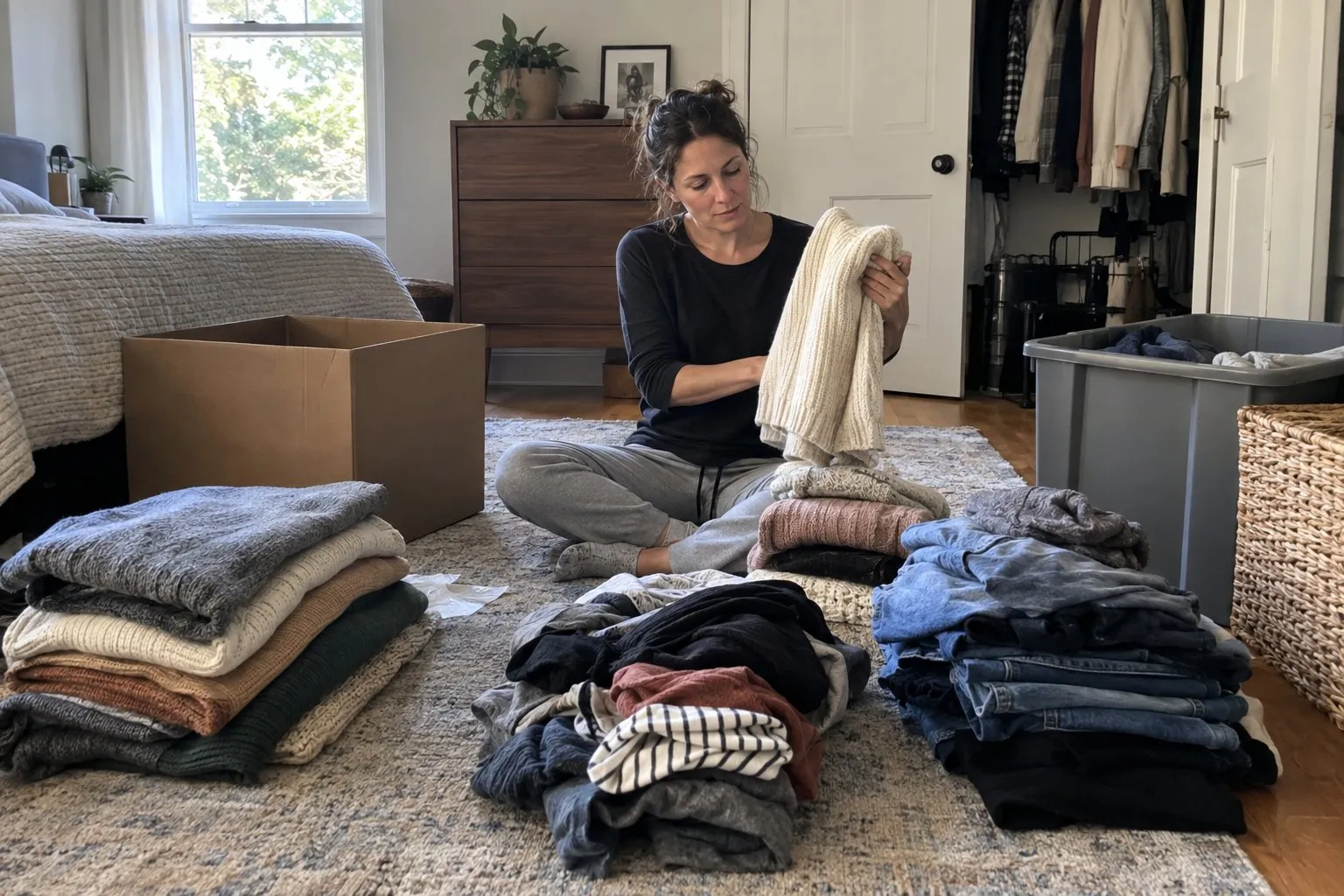 Woman sitting on a bedroom floor sorting folded sweaters and jeans into piles for packing