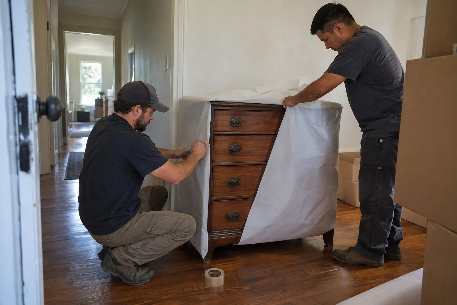 Two movers covering a wooden dresser with a protective wrap in a hallway