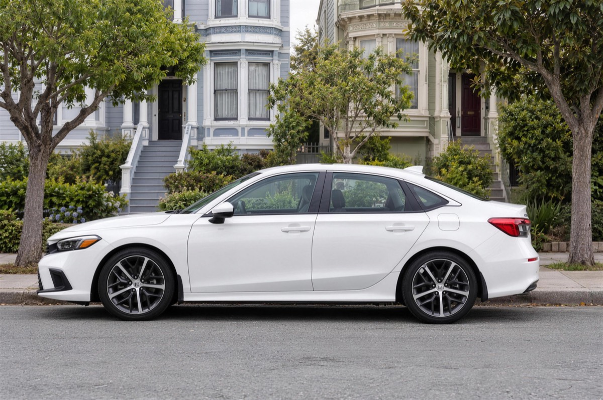 A test-ready car, side view.