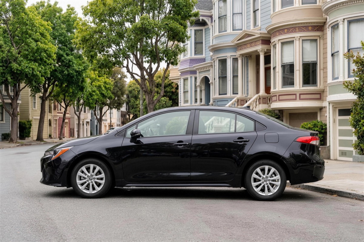 A test-ready car, side view.