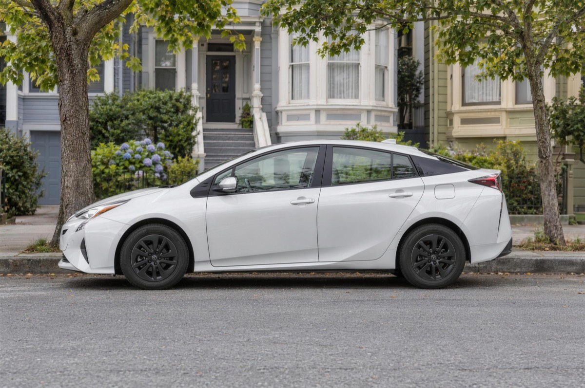 A test-ready car, side view.