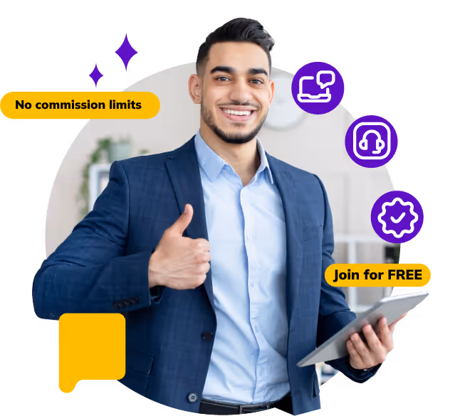 Smiling man in a blue suit giving a thumbs up and holding a tablet, with text bubbles saying No commission limits and Join for FREE.