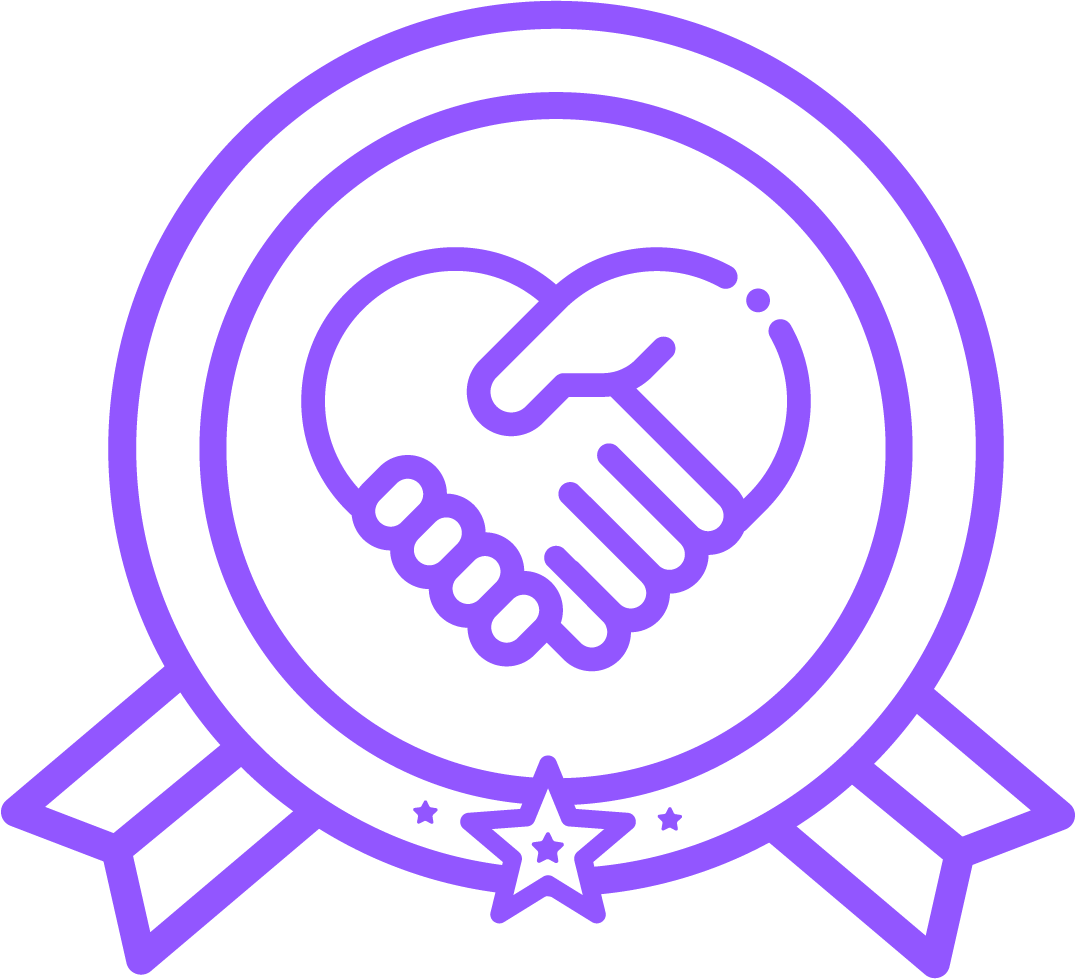 Purple line icon of a handshake forming a heart inside a circular award ribbon with a star at the bottom.