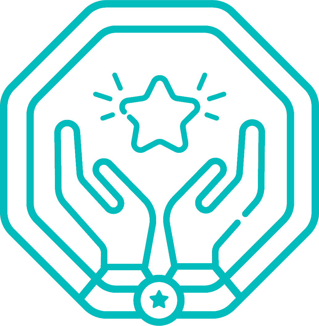 Icon of two hands raised with a glowing star above them inside an octagonal border.