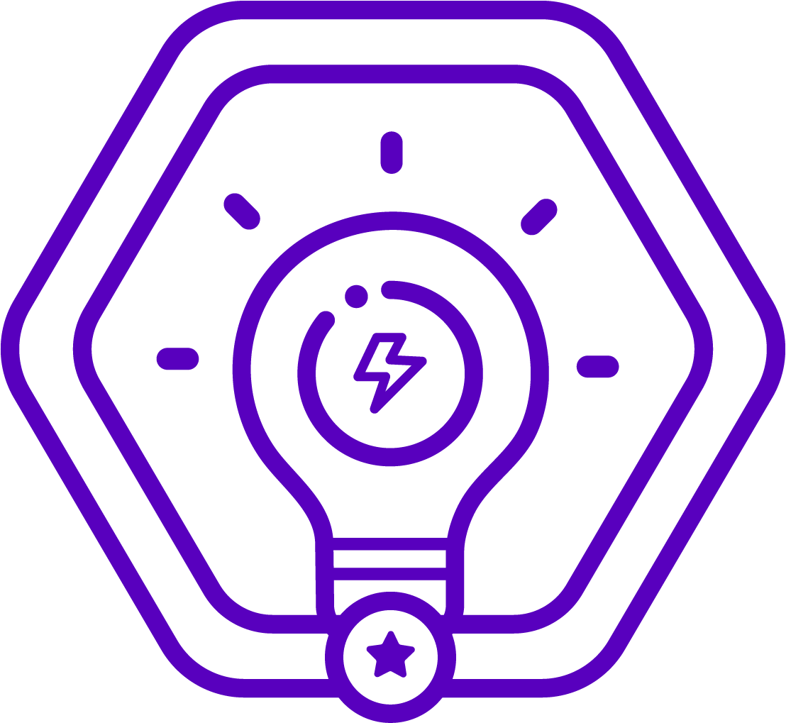 Purple outlined light bulb with a lightning bolt inside, surrounded by a hexagonal border with a star at the base.
