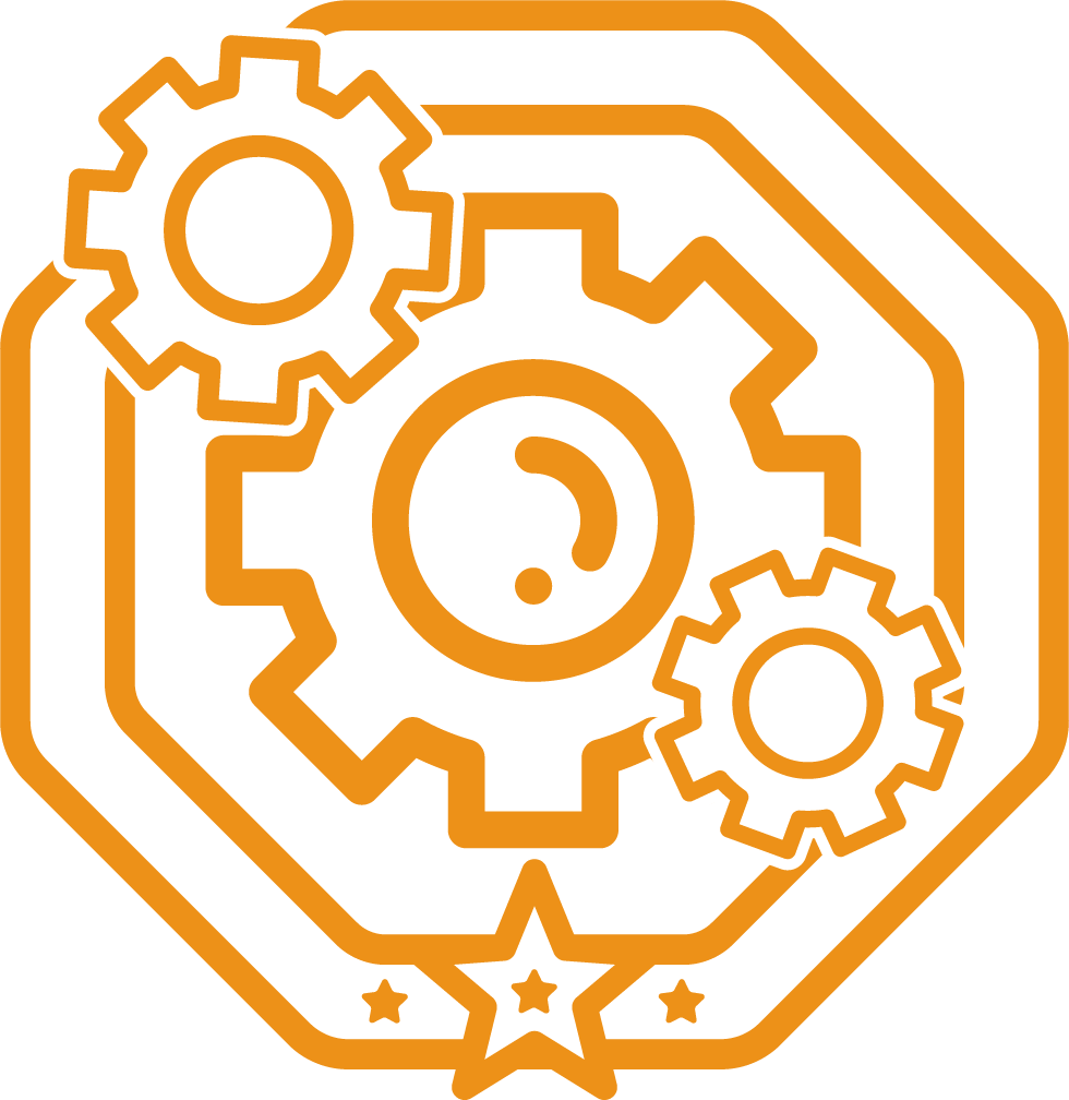 Orange outlined badge featuring three interlocking gears and a star at the bottom center.
