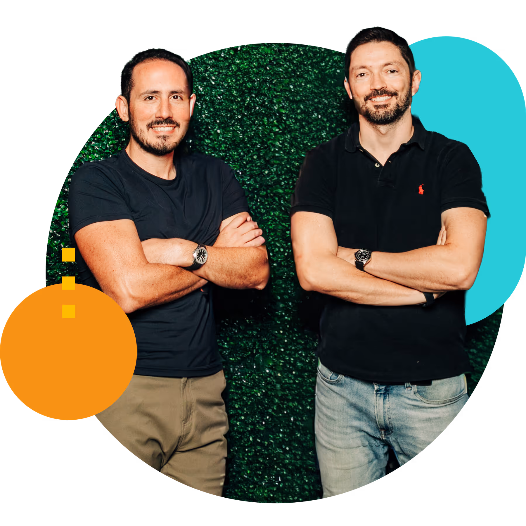 Two men standing side by side with arms crossed in front of a green leafy background with orange and teal graphic circles.